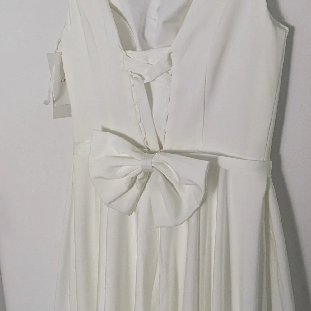 Off White Boatneck Midi Wedding Dress Romantic Lace-Up Back and bow Sz 6 NEW - Picture 10 of 16